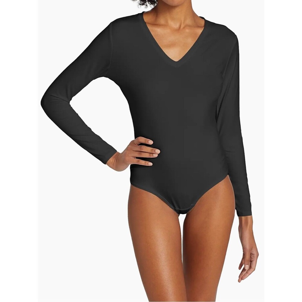 Spanx Solid Black Long Sleeve V-Neck Slimming Bodysuit Top Plus Size 1X